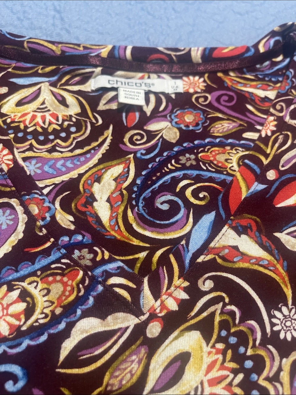 Chico's Plum Paisley Short Sleeve Tee with Multicolor Accents